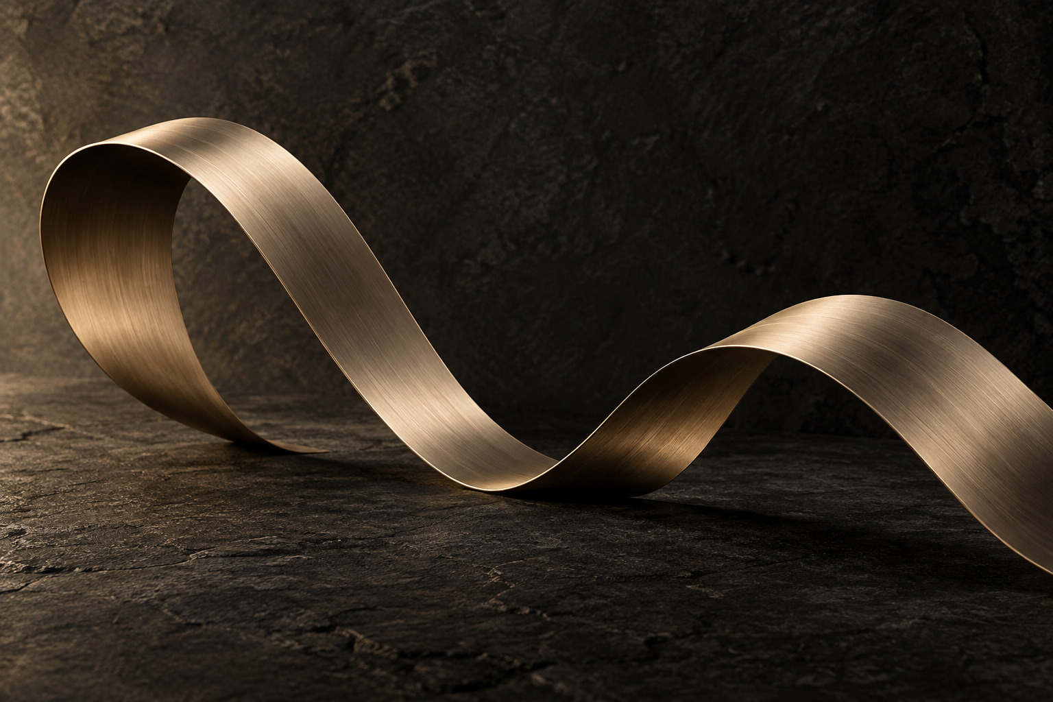 Ruban sculptural en métal champagne sur une pierre sombre
